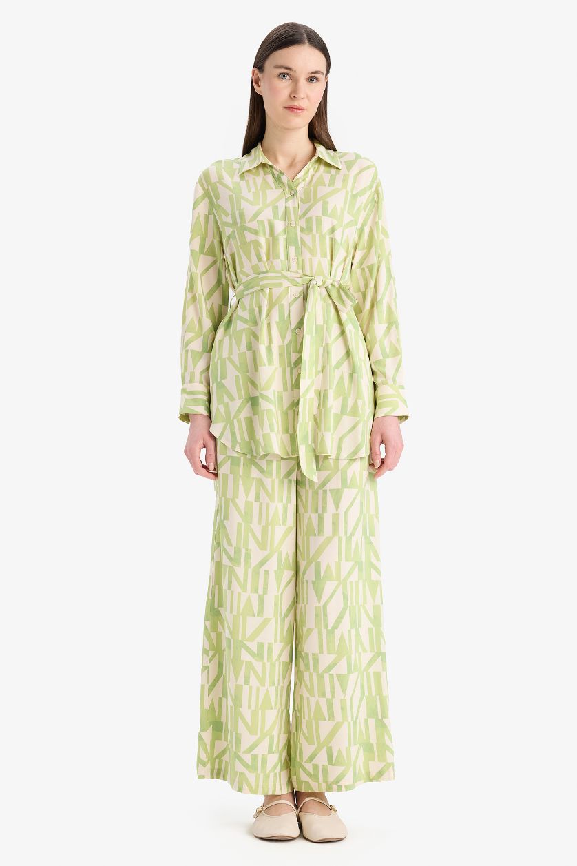 Woman Light Green Relax Fit Viscose Printed Long Sleeve Tunic