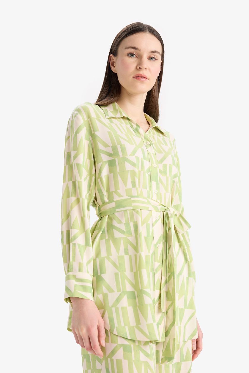 Woman Light Green Relax Fit Viscose Printed Long Sleeve Tunic