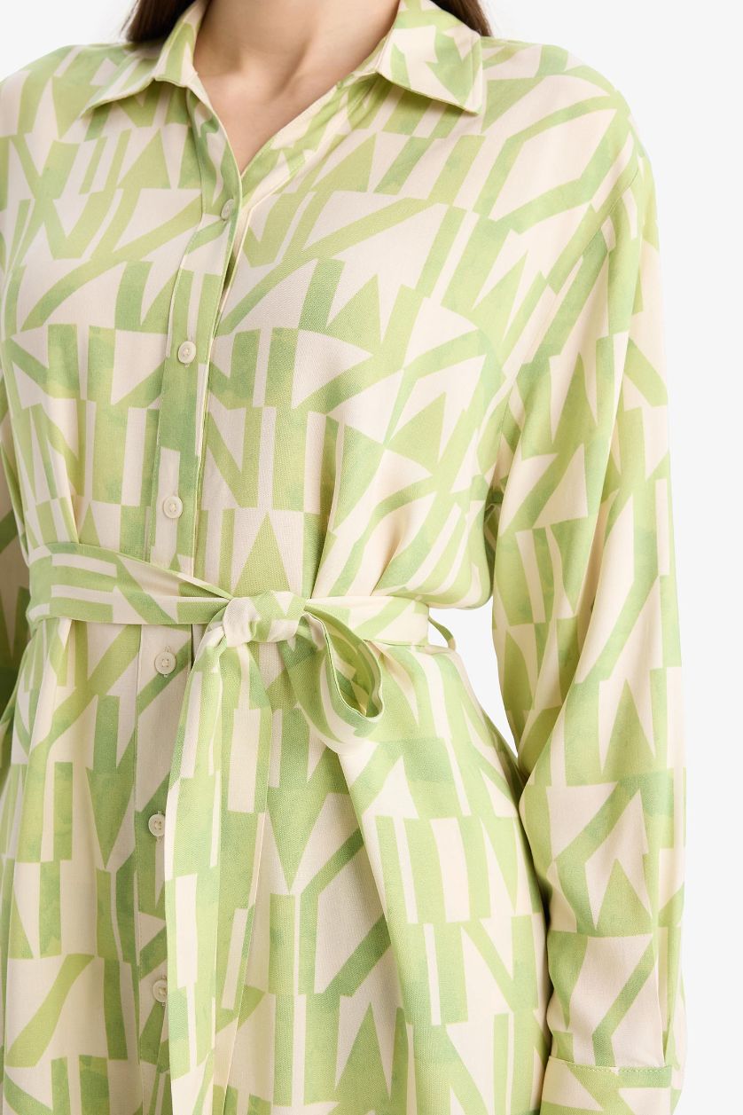 Woman Light Green Relax Fit Viscose Printed Long Sleeve Tunic