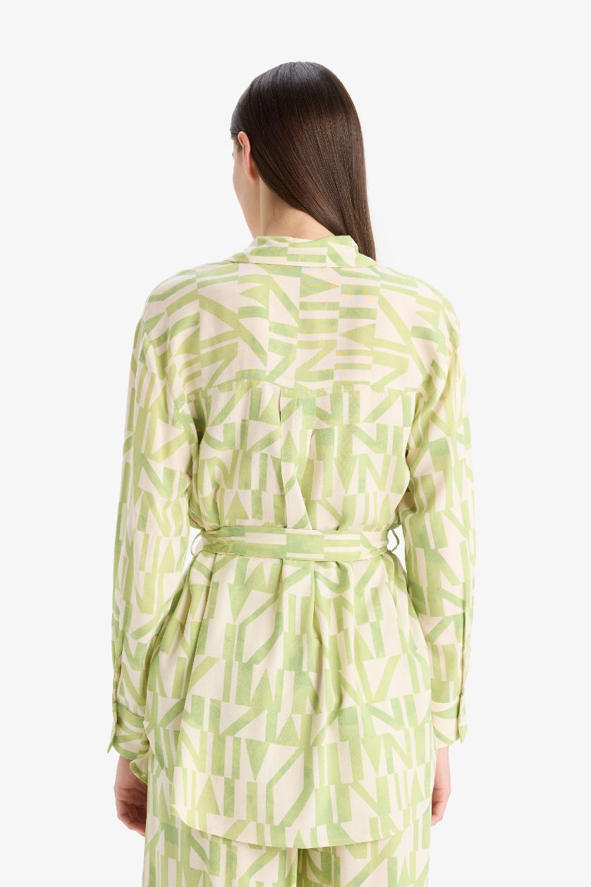 Woman Light Green Relax Fit Viscose Printed Long Sleeve Tunic
