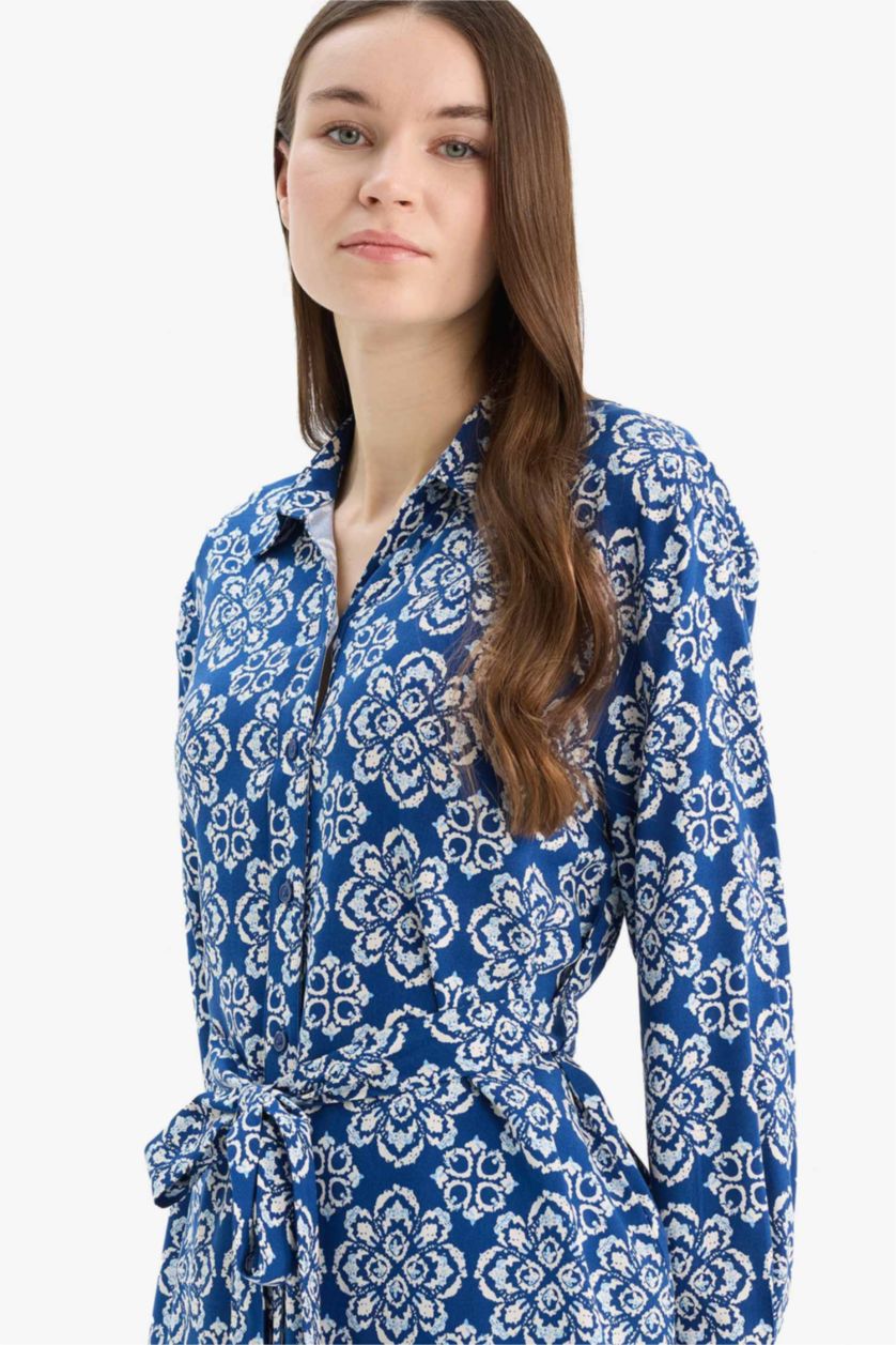 نساء كحلي قميص طويل فيسكوز مطبوع قصة مريحة