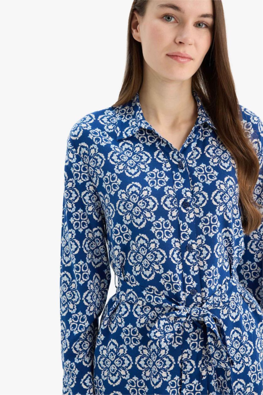 نساء كحلي قميص طويل فيسكوز مطبوع قصة مريحة