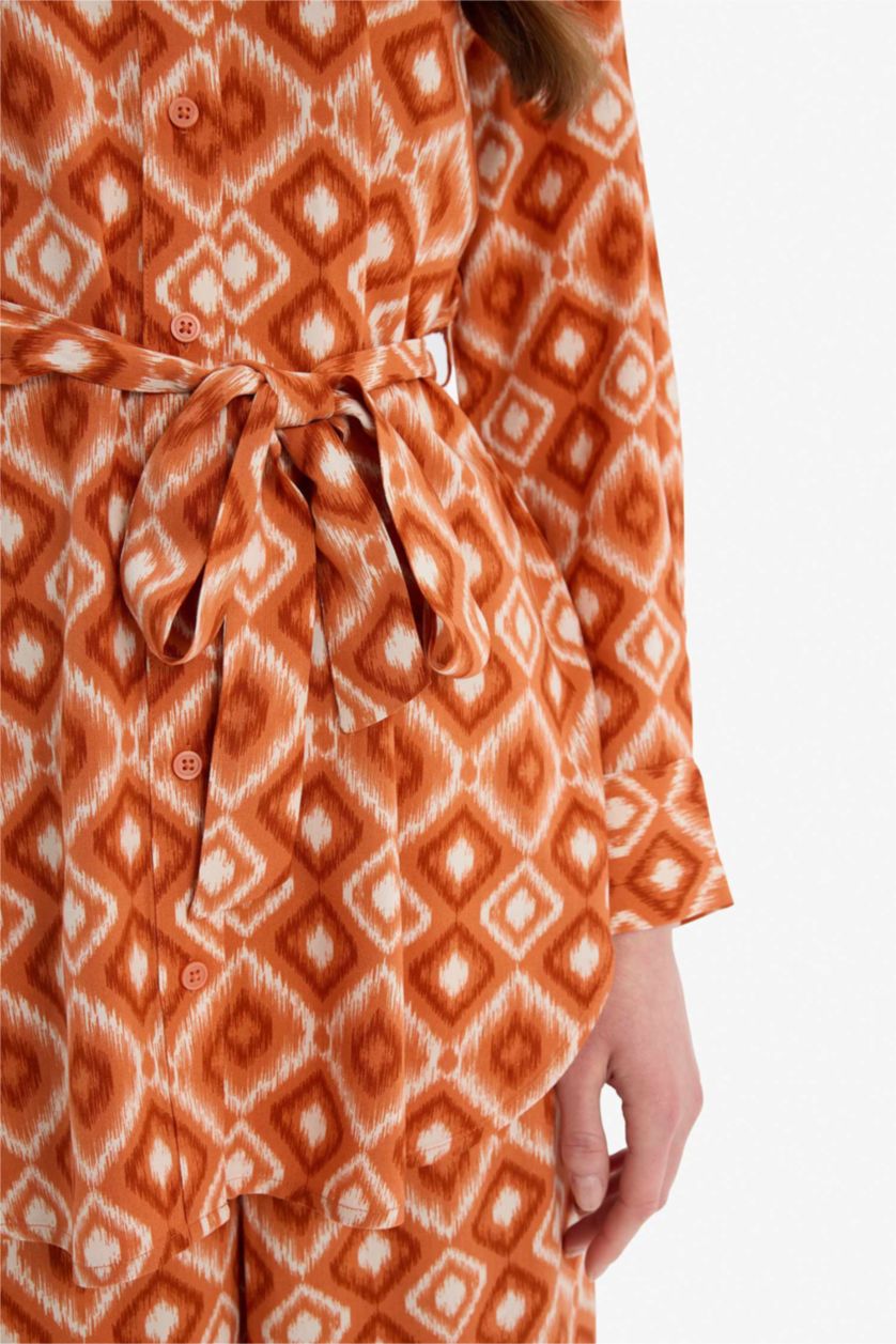 Kadın Turuncu Relax Fit Desenli Viskon Uzun Kollu Tunik
