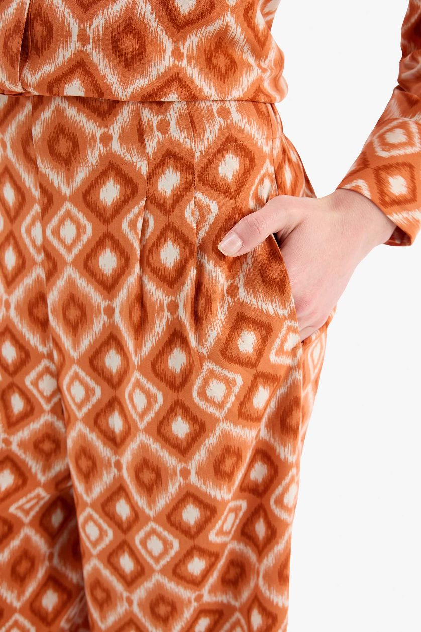Kadın Turuncu Wide Leg Geniş Bol Paça Desenli Viskon Pantolon