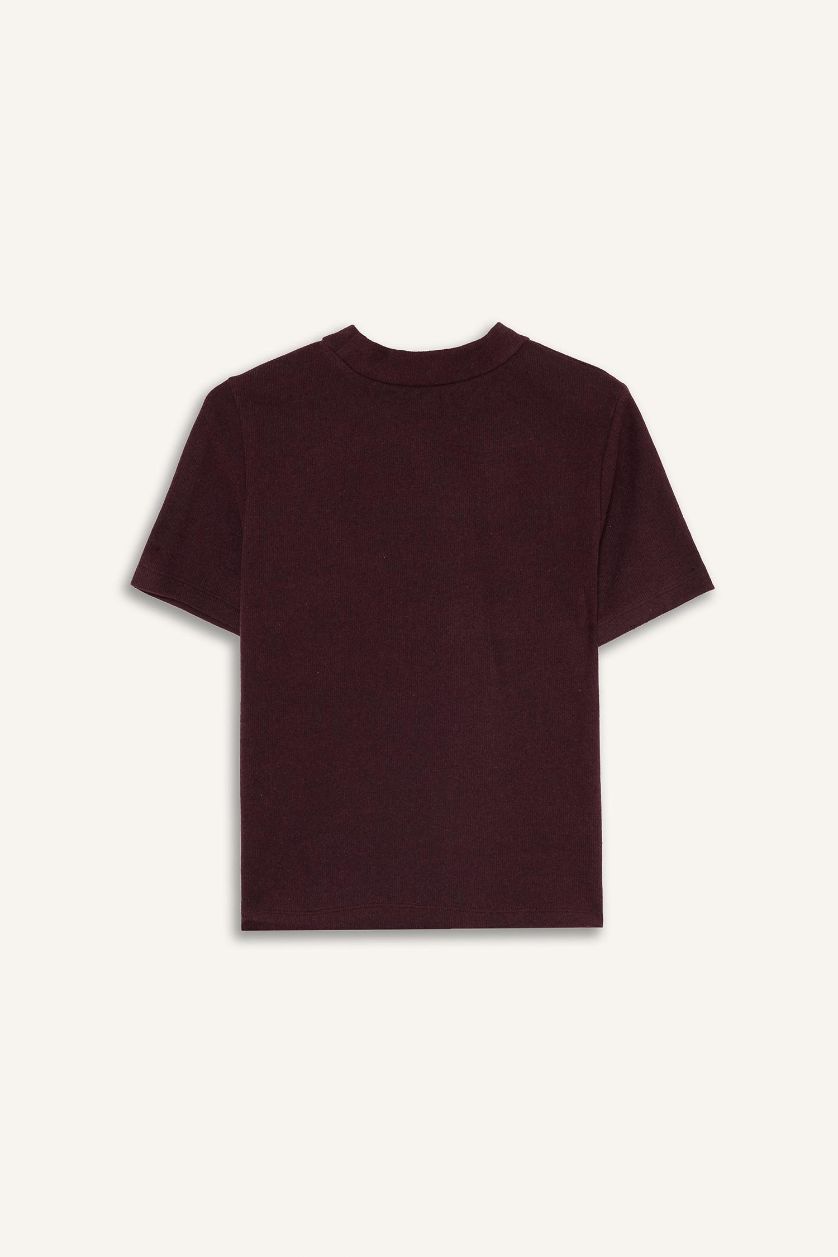 Kadın Bordo Slim Fit Dar Kesim Yarım Balıkçı Yaka Basic Düz Kısa Kollu Bordo Tişört