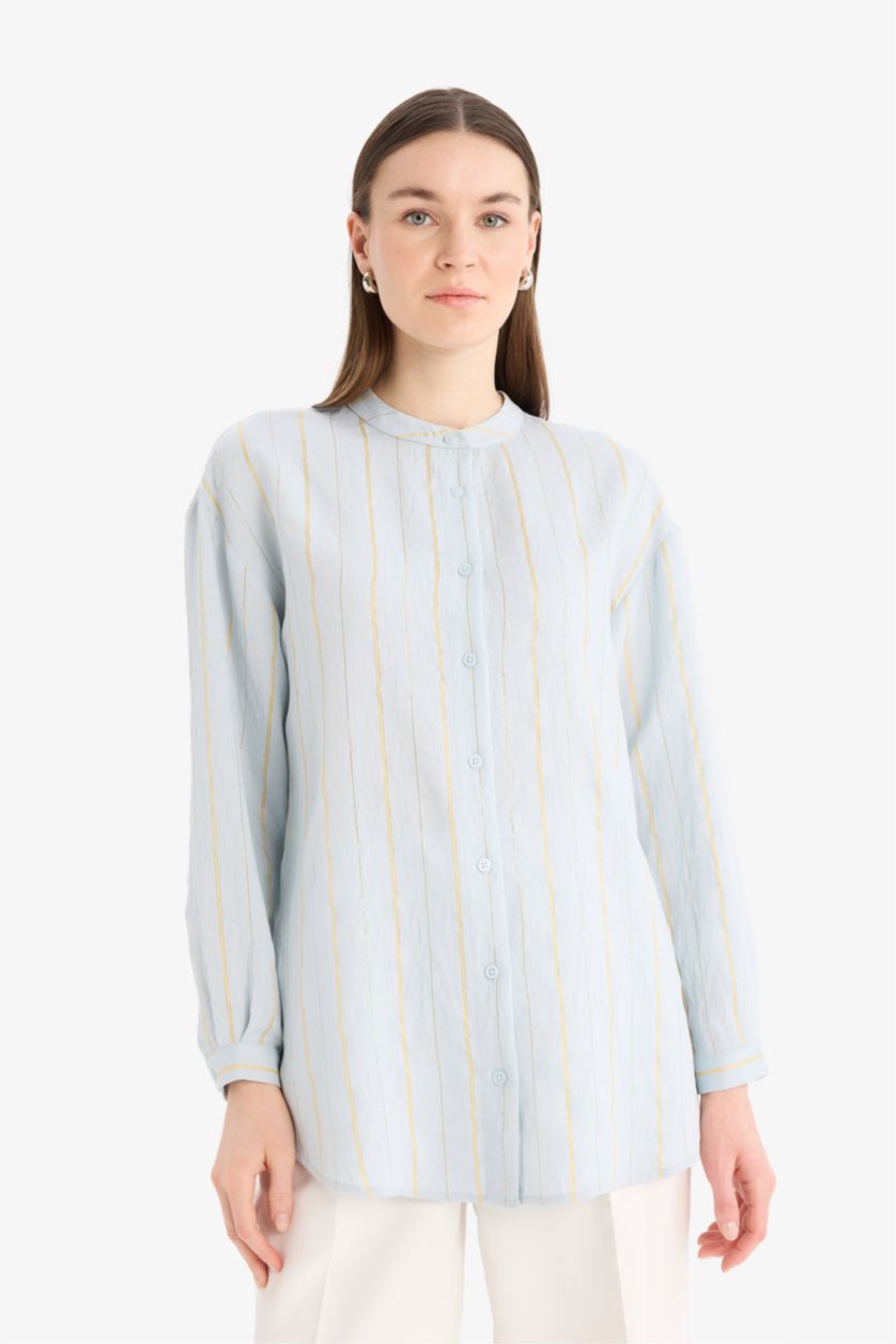 Kadın Açık Mavi Relax Fit Basıc Simli Kumaş Tesettür Gömlek Tunik