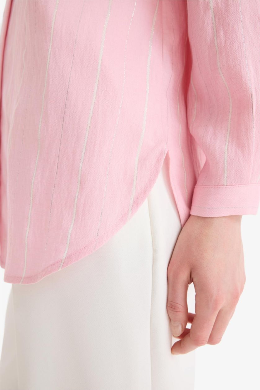 نساء زهري تونيك قميص مخطط كم طويل قصة مريحة