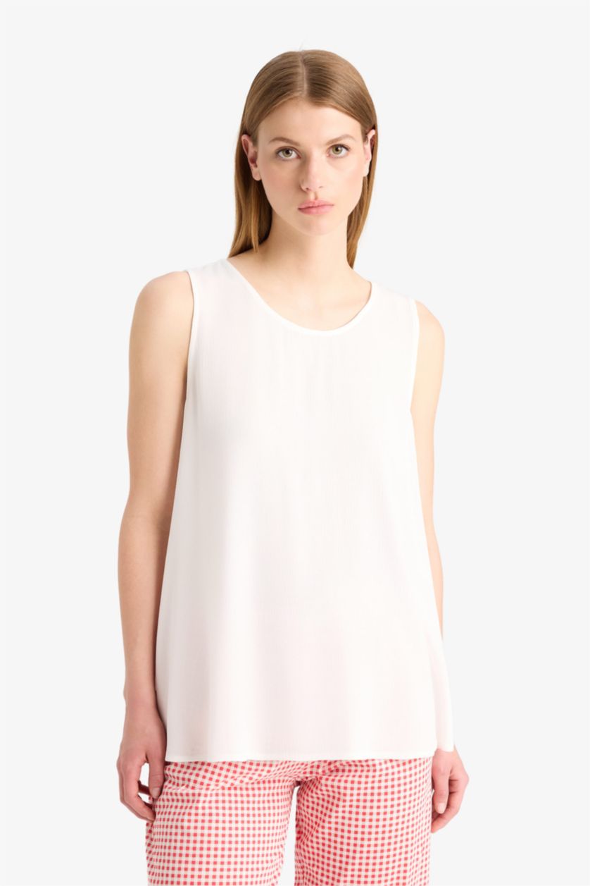 Kadın Kırık Beyaz Yuvarlak Yaka Beyaz Plaj Üstü