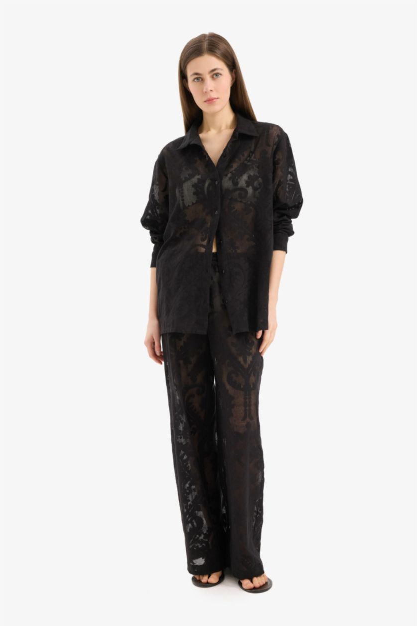 Kadın Siyah Dantelli Beli Lastikli Beyaz Plaj Pantolonu