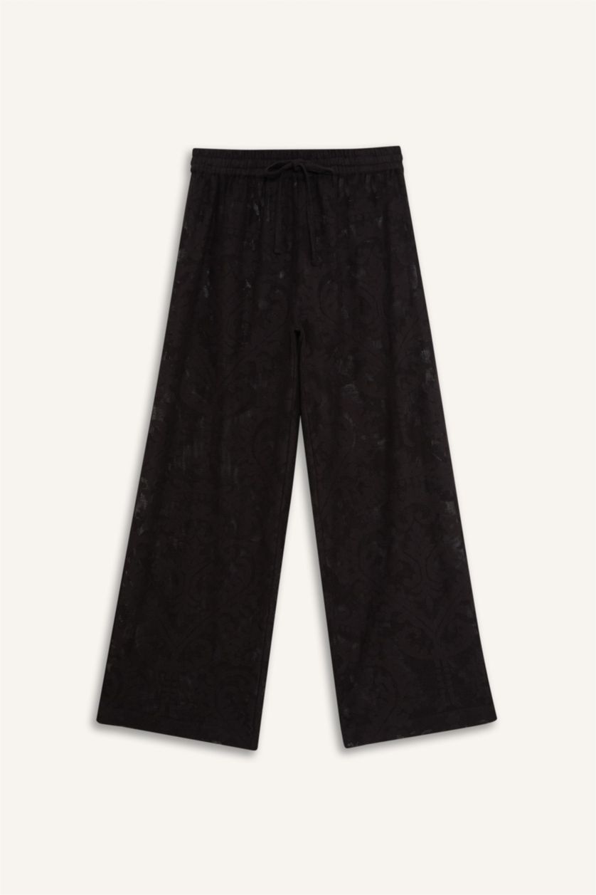 Kadın Siyah Dantelli Beli Lastikli Beyaz Plaj Pantolonu