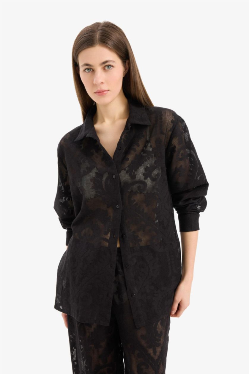 Kadın Siyah Regular Fit Dantel Detaylı Plaj Gömleği