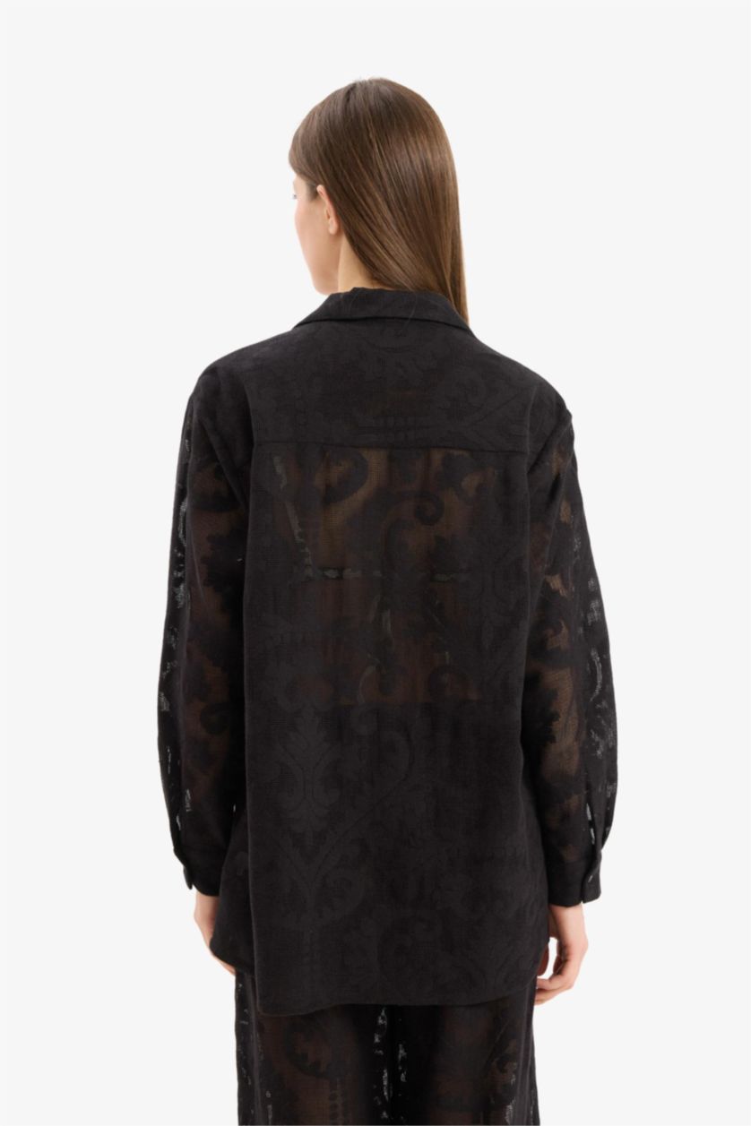 Kadın Siyah Regular Fit Dantel Detaylı Plaj Gömleği