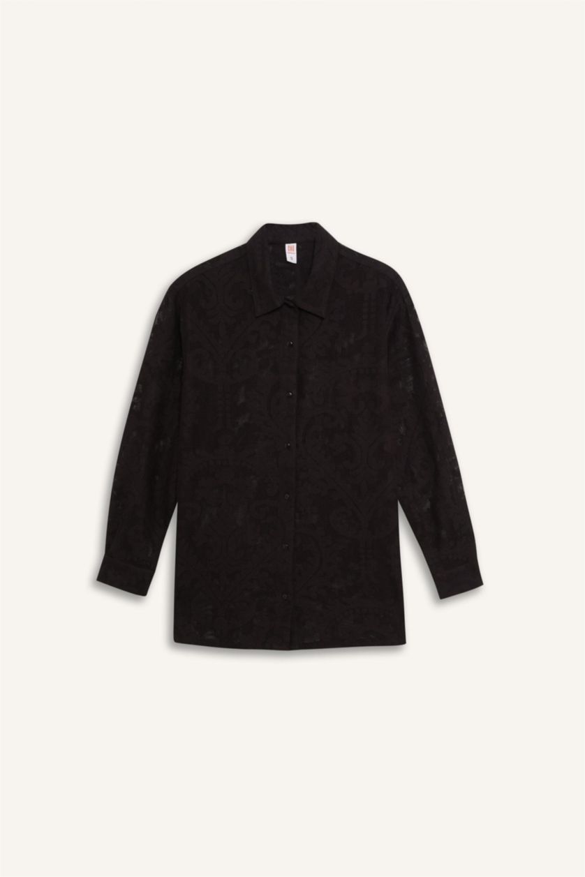 Kadın Siyah Regular Fit Dantel Detaylı Plaj Gömleği