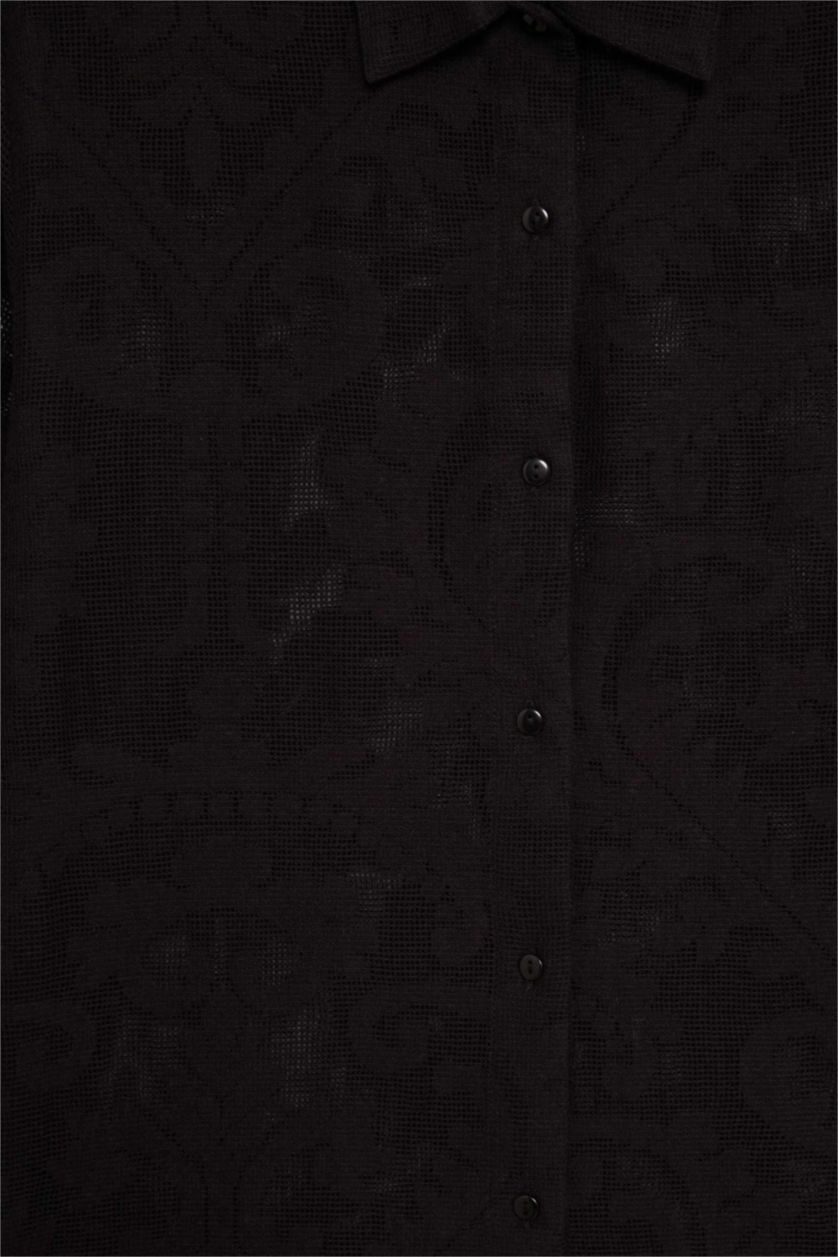 Kadın Siyah Regular Fit Dantel Detaylı Plaj Gömleği