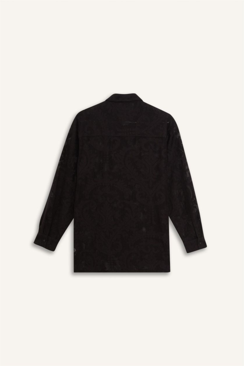 Kadın Siyah Regular Fit Dantel Detaylı Plaj Gömleği