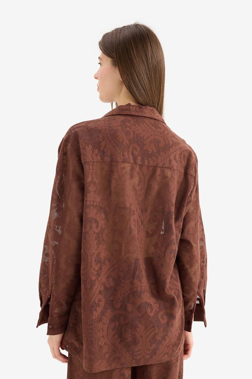 Kadın Kahve Regular Fit Dantel Detaylı Plaj Gömleği