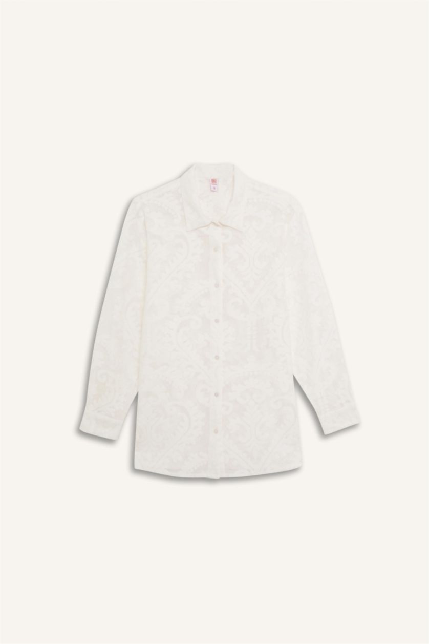 Kadın Kırık Beyaz Regular Fit Dantel Detaylı Plaj Gömleği