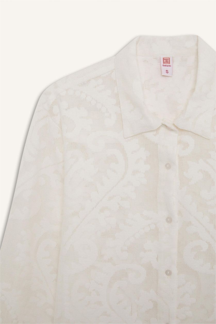 Kadın Kırık Beyaz Regular Fit Dantel Detaylı Plaj Gömleği