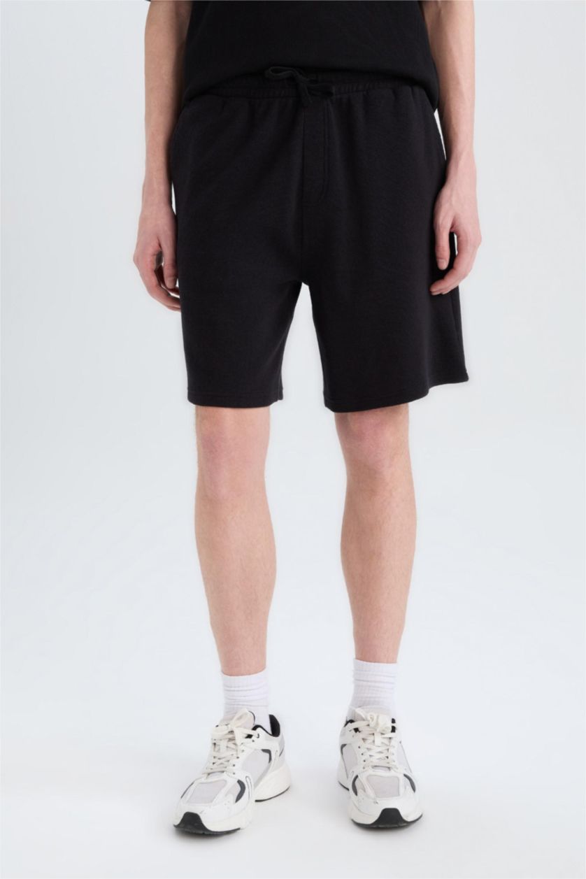 Erkek Siyah %100 Pamuk Regular Fit Waffle Şort