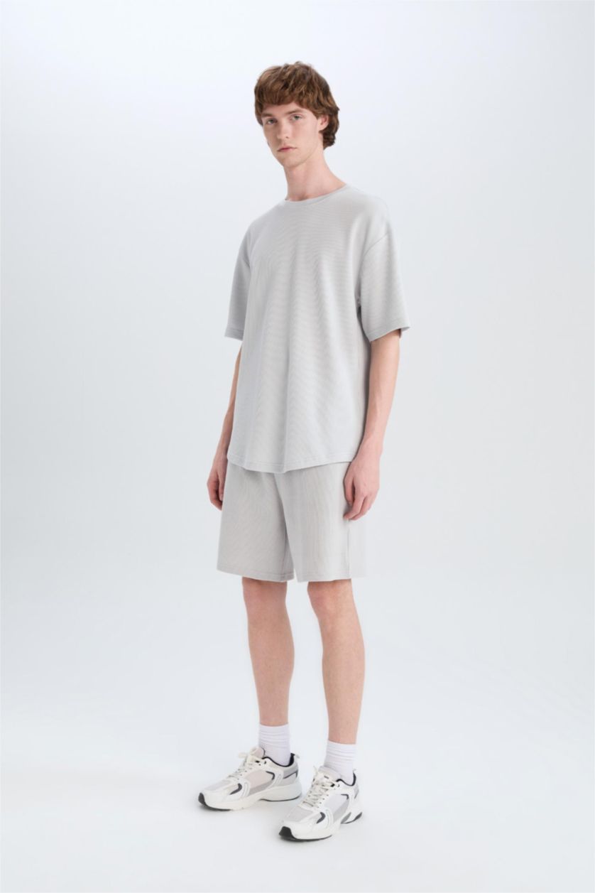 Erkek Açık Gri %100 Pamuk Regular Fit Waffle Şort