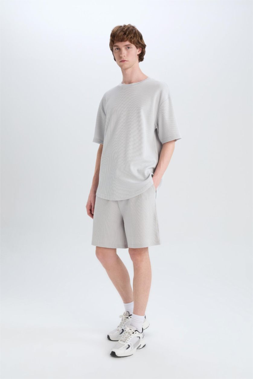 Erkek Açık Gri %100 Pamuk Regular Fit Waffle Şort