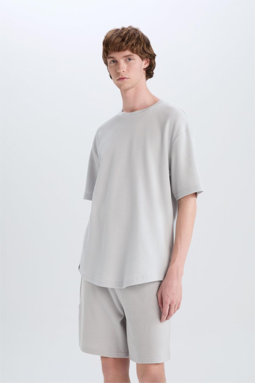 Erkek Açık Gri %100 Pamuk Regular Fit Waffle Şort