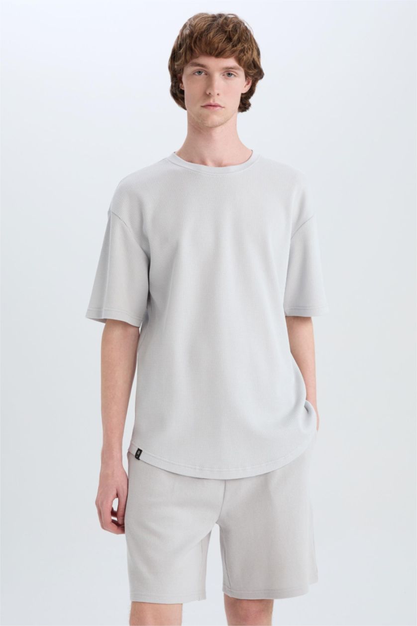 Erkek Açık Gri %100 Pamuk Regular Fit Waffle Şort