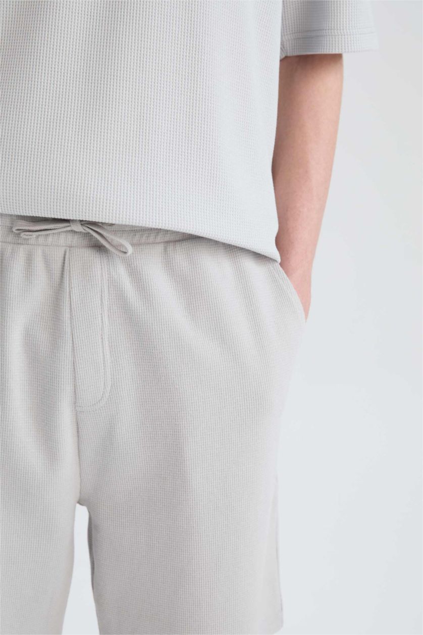 Erkek Açık Gri %100 Pamuk Regular Fit Waffle Şort