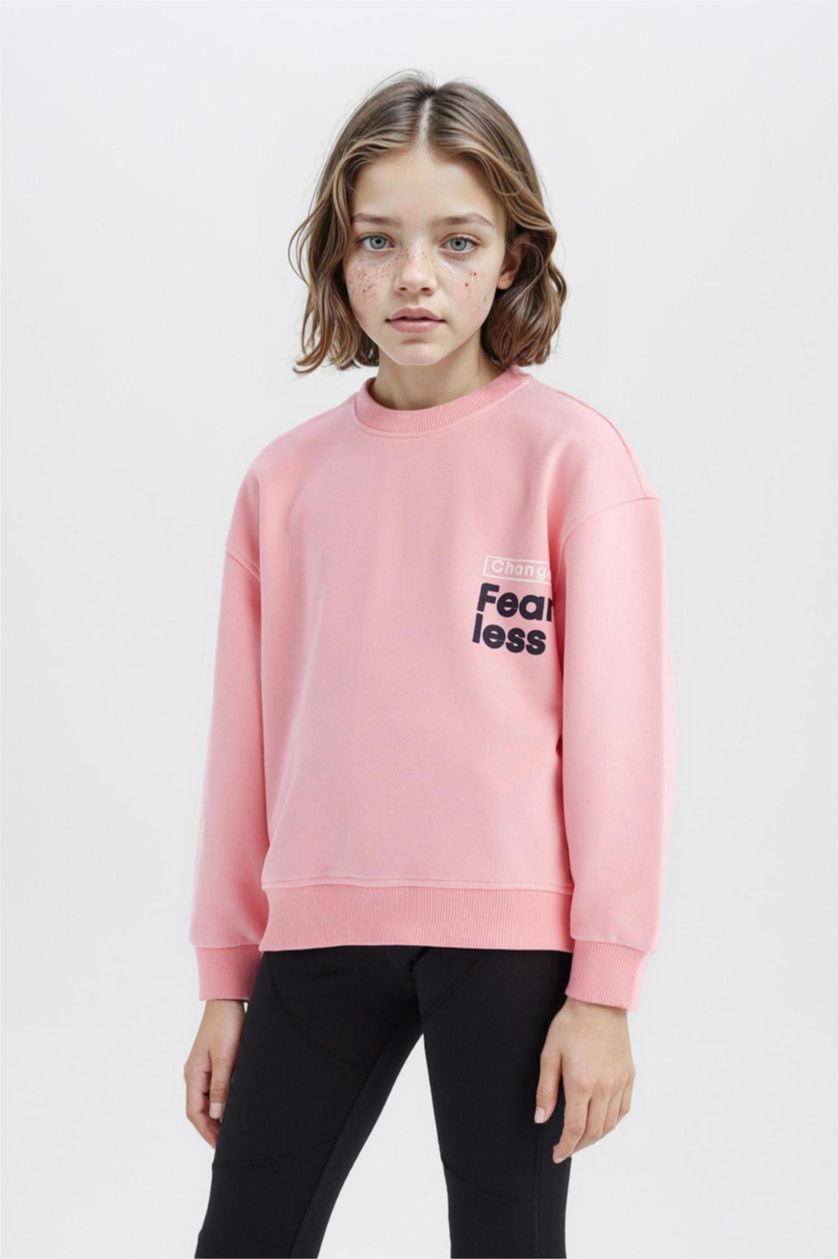 Girls & Teens Pink Girl Relax Fit Crew Neck Back Printed Sweatshirt