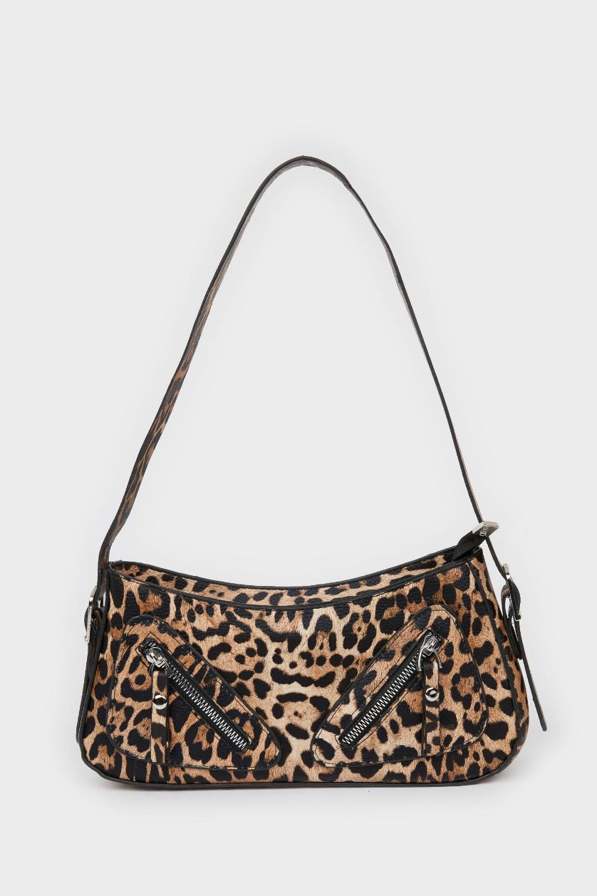 Woman Karma Woman Leopard Patterned Zipper Detailed Shoulder Bag