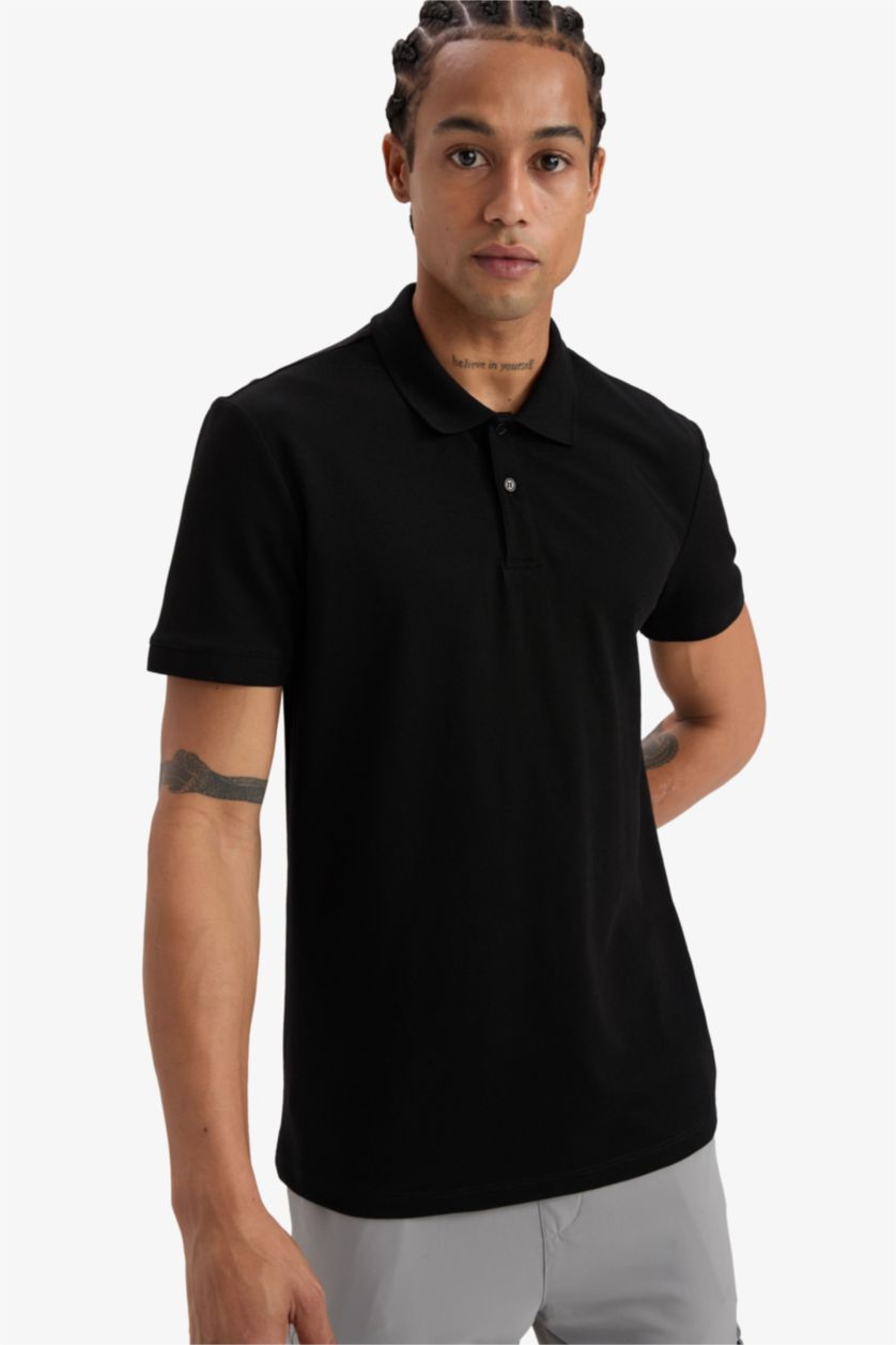HOMME Noir Polo à manches courtes Piquer Coupe slim raccourcie