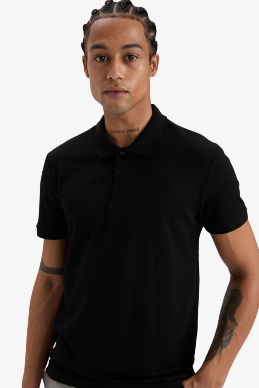 HOMME Noir Polo à manches courtes Piquer Coupe slim raccourcie