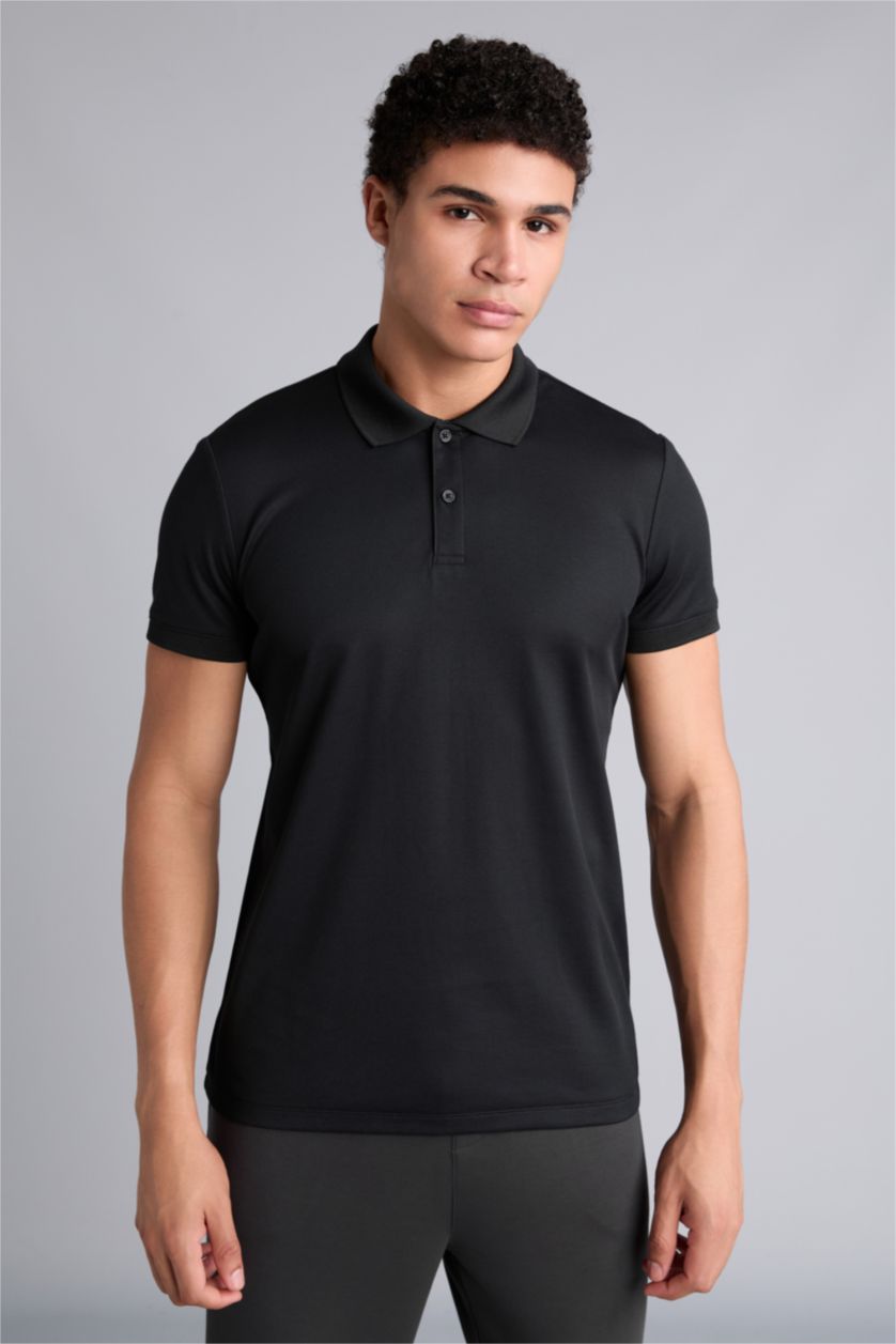 Men Black Slim Fit Pique Short Sleeve Polo T-Shirt