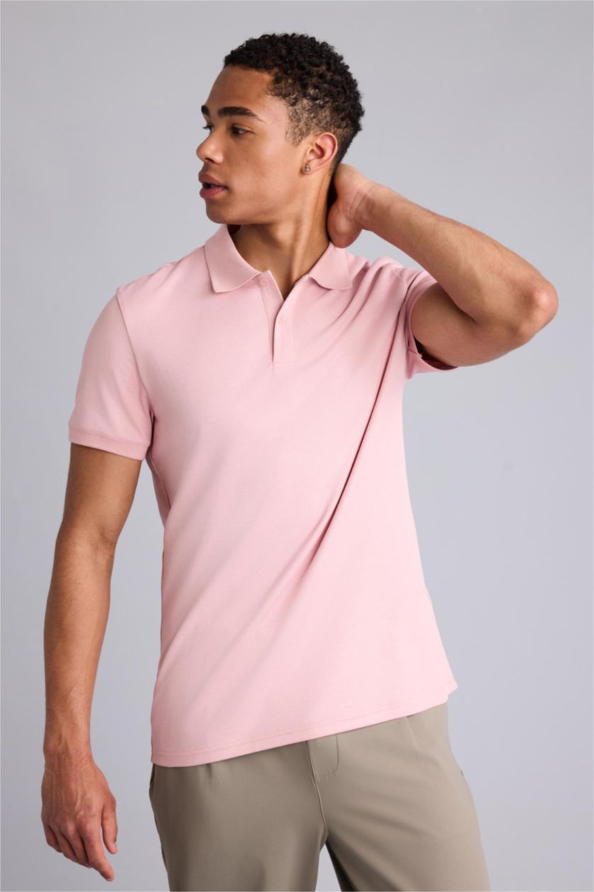 Men Light Pink Slim Fit Pique Short Sleeve Polo T-Shirt