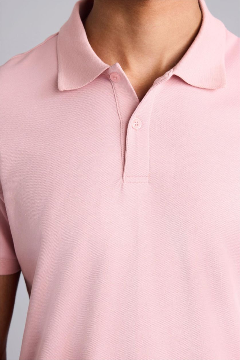 Men Light Pink Slim Fit Pique Short Sleeve Polo T-Shirt