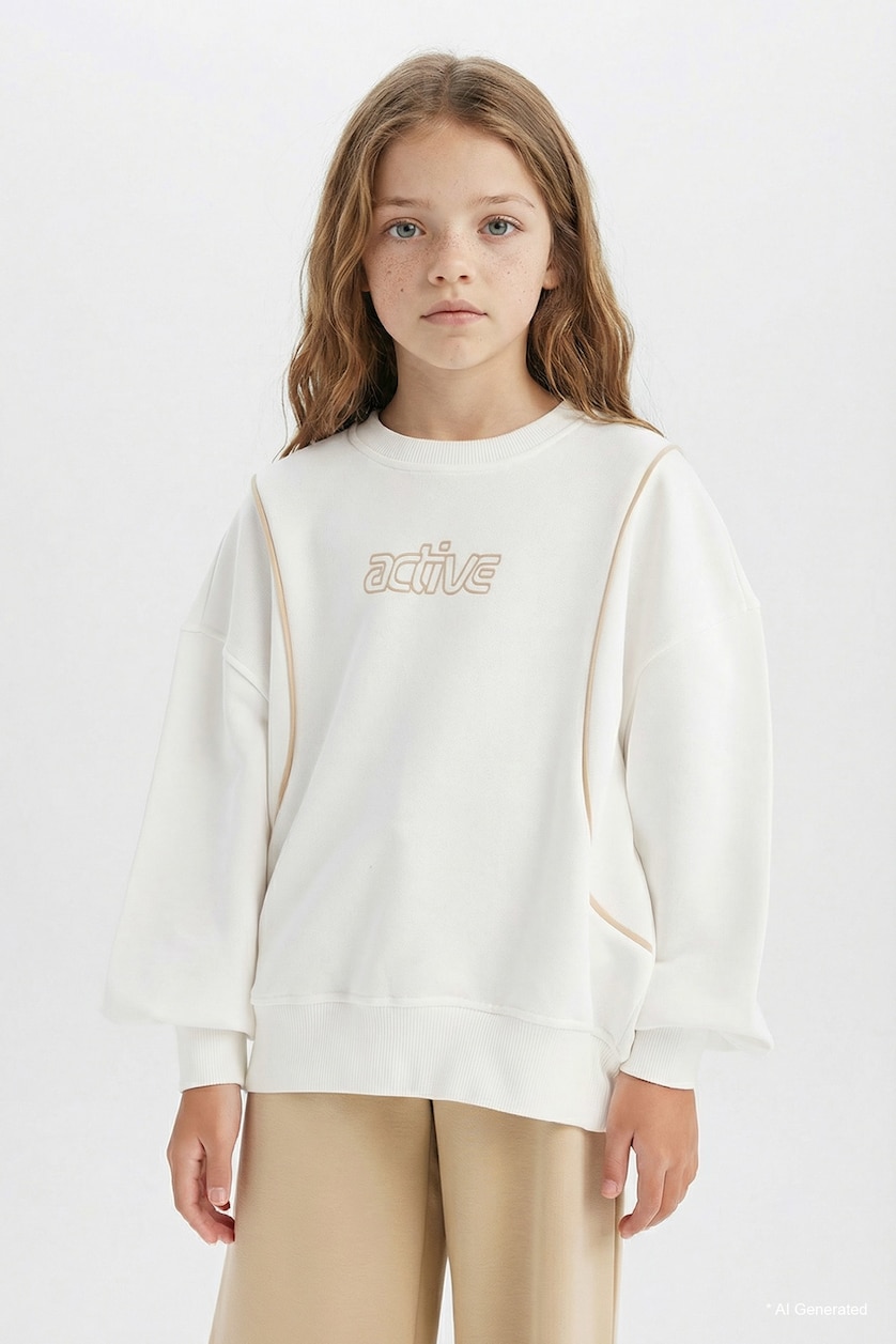 Kız Çocuk - Genç Kız Ekru Oversize Geniş Kalıp Bisiklet Yaka Baskılı Sweatshirt Kız Çocuk