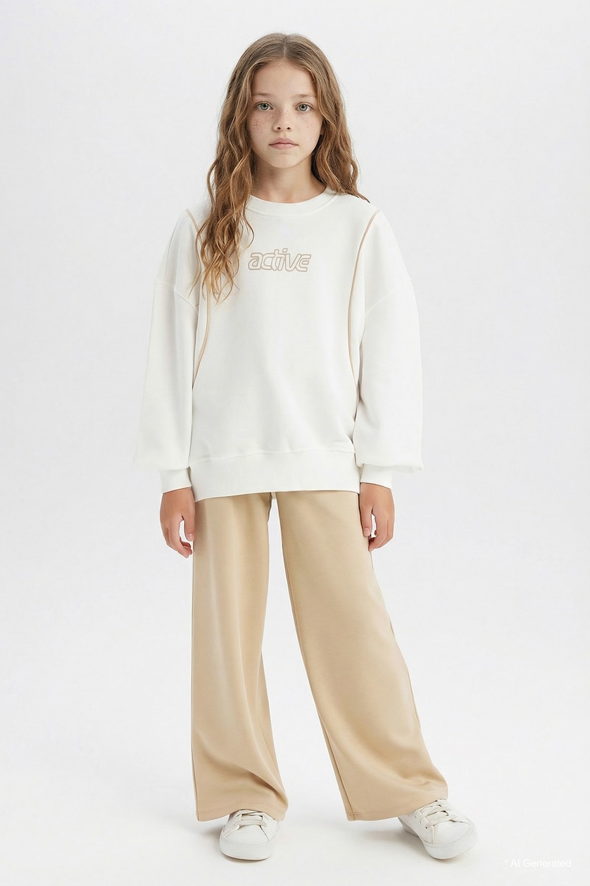 Kız Çocuk - Genç Kız Ekru Oversize Geniş Kalıp Bisiklet Yaka Baskılı Sweatshirt Kız Çocuk
