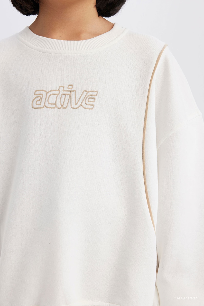 Kız Çocuk - Genç Kız Ekru Oversize Geniş Kalıp Bisiklet Yaka Baskılı Sweatshirt Kız Çocuk