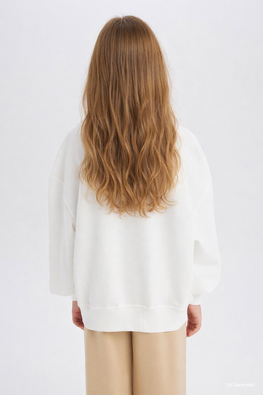 Kız Çocuk - Genç Kız Ekru Oversize Geniş Kalıp Bisiklet Yaka Baskılı Sweatshirt Kız Çocuk