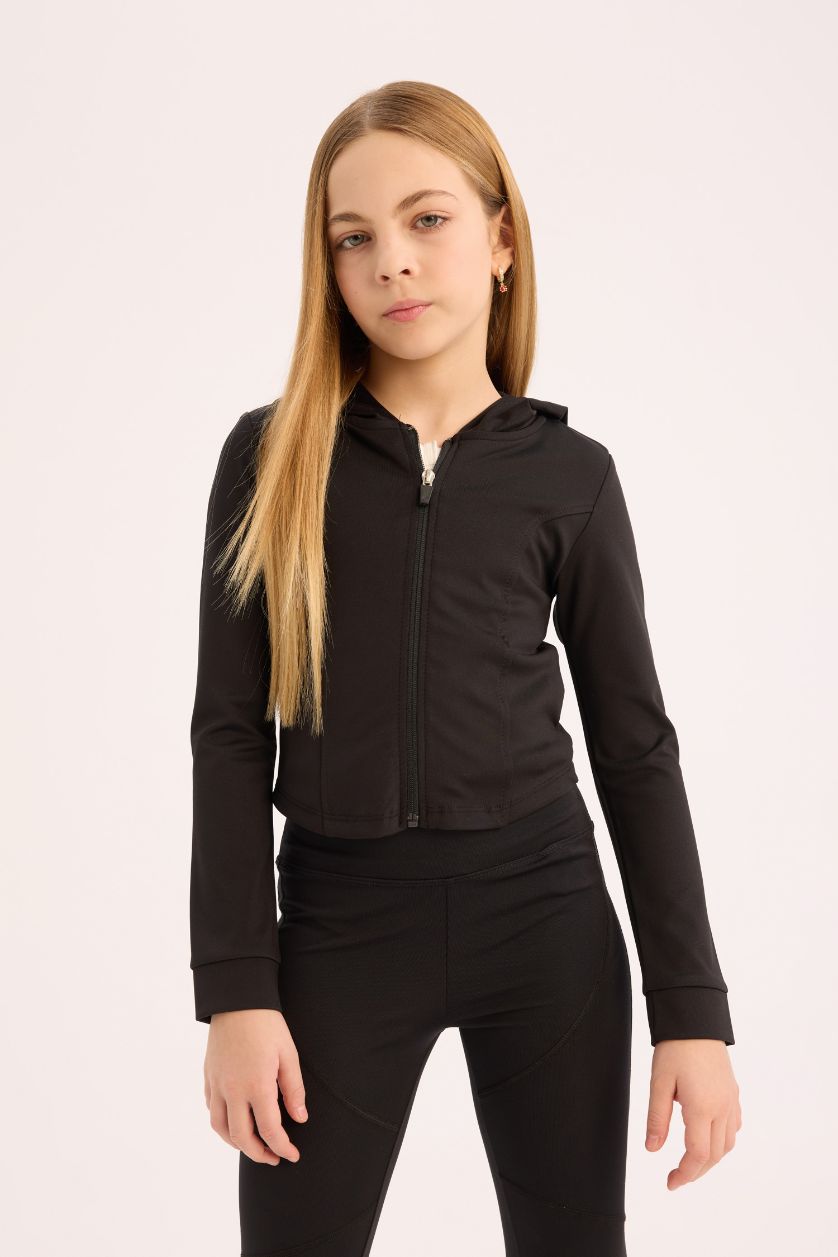 Kız Çocuk - Genç Kız Siyah Kapüşonlu İçi Yumuşak Tüylü Fermuarlı Sweatshirt Kız Çocuk