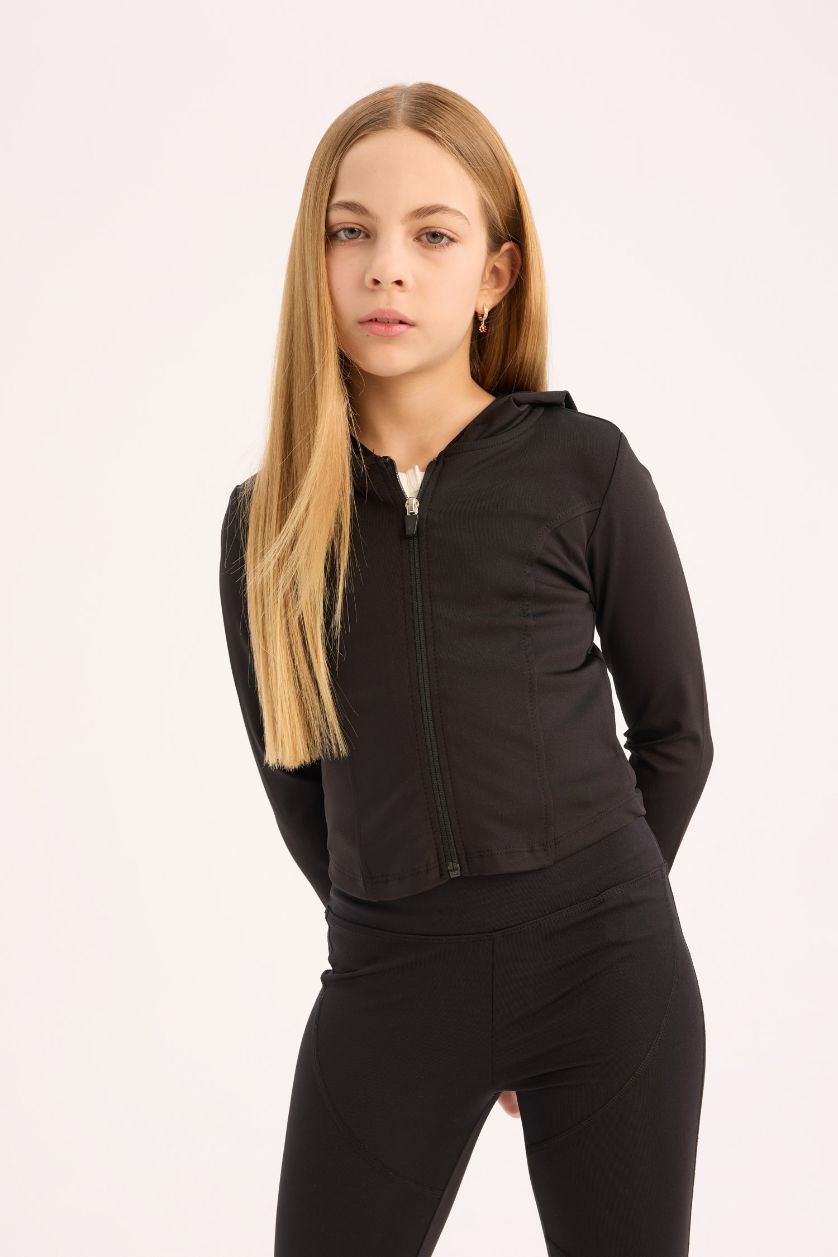 Kız Çocuk - Genç Kız Siyah Kapüşonlu İçi Yumuşak Tüylü Fermuarlı Sweatshirt Kız Çocuk