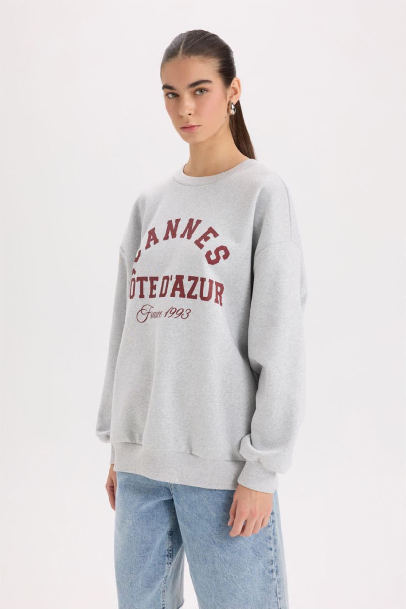 Женщины Серый меланж Свитшот оверсайз с круглым вырезом с принтом для женщин