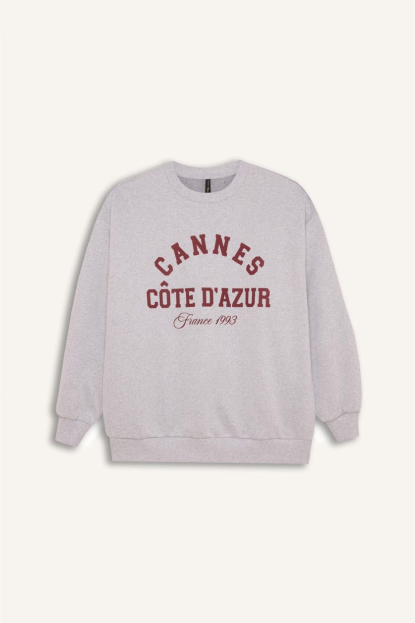 Женщины Серый меланж Свитшот оверсайз с круглым вырезом с принтом для женщин