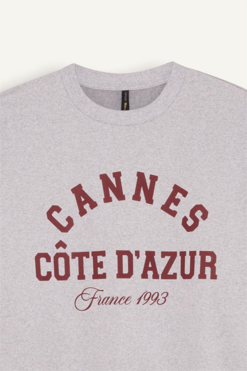 Женщины Серый меланж Свитшот оверсайз с круглым вырезом с принтом для женщин