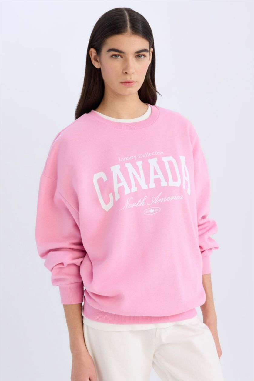 Kadın Pembe Oversize Geniş Kalıp Bisiklet Yaka Baskılı Kalın Sweatshirt