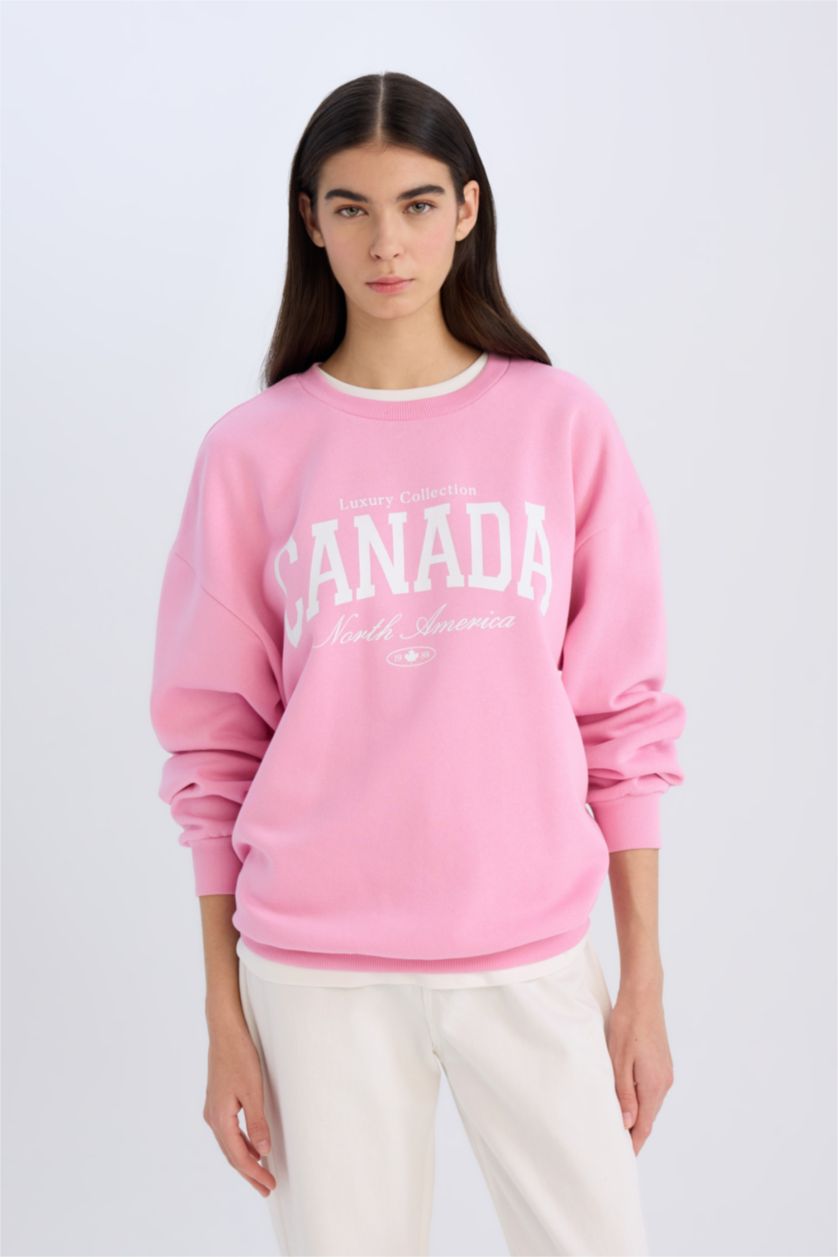 Kadın Pembe Oversize Geniş Kalıp Bisiklet Yaka Baskılı Kalın Sweatshirt