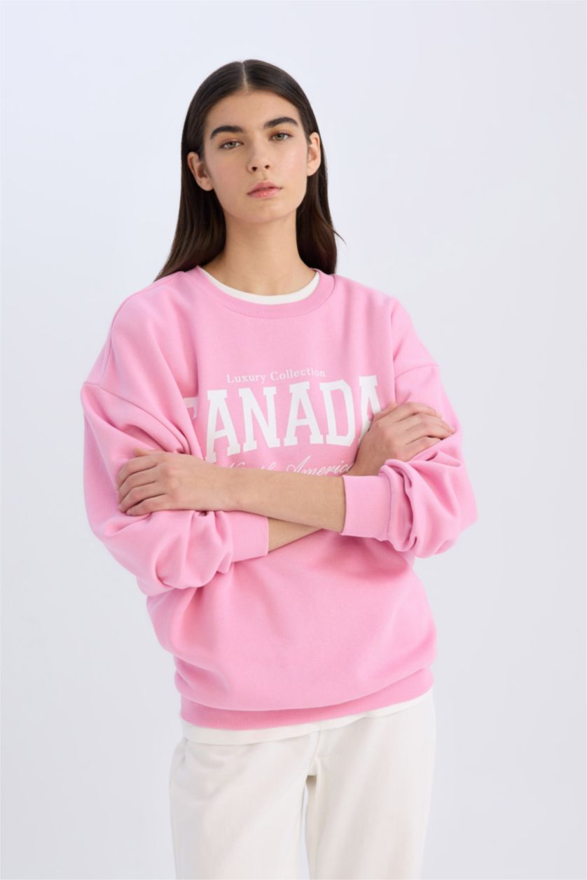 Kadın Pembe Oversize Geniş Kalıp Bisiklet Yaka Baskılı Kalın Sweatshirt