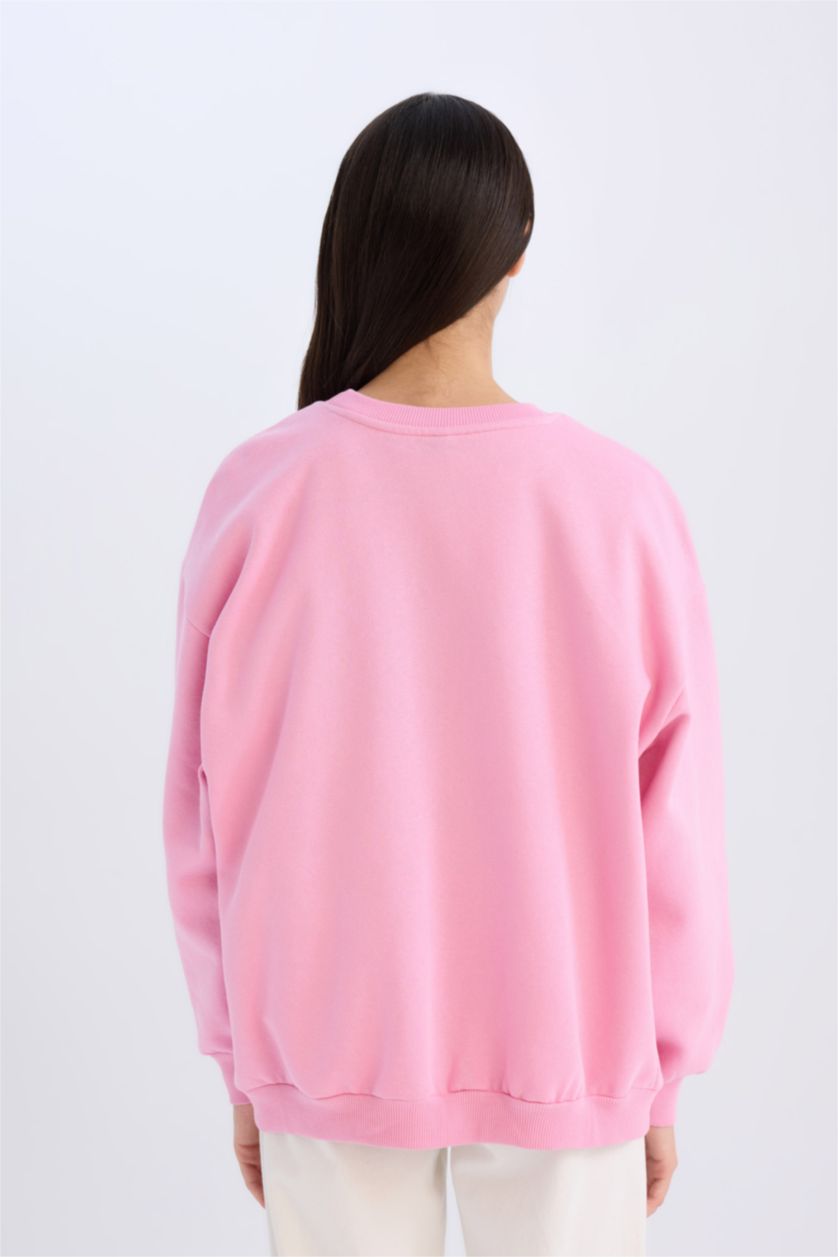 Kadın Pembe Oversize Geniş Kalıp Bisiklet Yaka Baskılı Kalın Sweatshirt