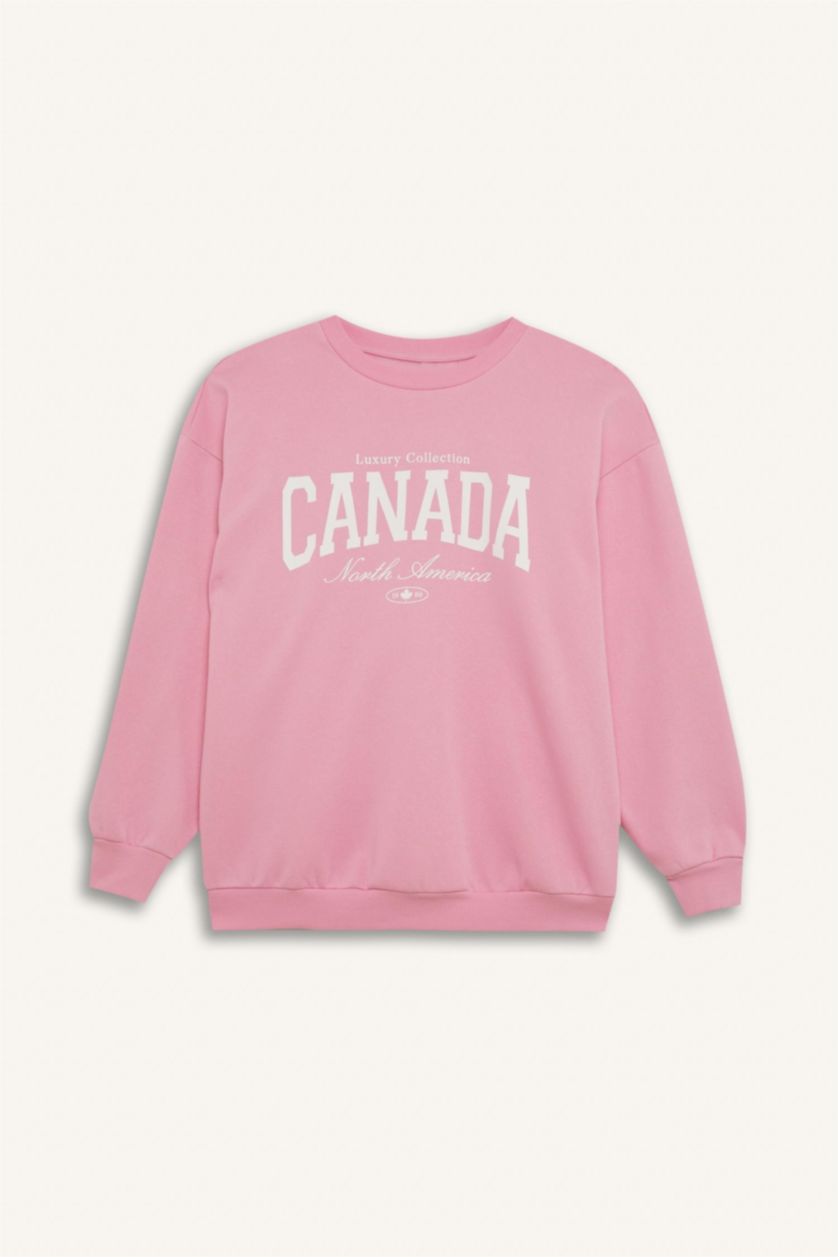 Kadın Pembe Oversize Geniş Kalıp Bisiklet Yaka Baskılı Kalın Sweatshirt