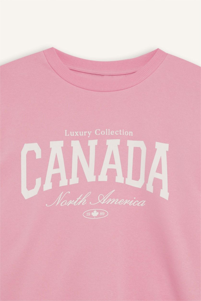 Kadın Pembe Oversize Geniş Kalıp Bisiklet Yaka Baskılı Kalın Sweatshirt